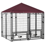 PawHut Outdoor Dog Kennel with Rotating Bowl Holders, Pet Playpen with Waterproof Cover, 4.6' x 4.6' x 5', Red