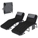 Outsunny 2-Piece Folding Lounge Chairs with Adjustable Backrest, Tanning Chair with Cushion, Side Pocket, Headrest, Black