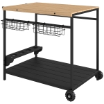 Outsunny Outdoor Bar Cart Patio Serving Cart with Wine Holders Natural