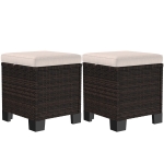 Outsunny 2 Piece Wicker Outdoor Ottomans with Cushions, Rattan Ottoman Footrest and Side Table for Patio, Yard, Poolside, Cream
