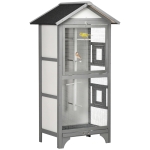 PawHut Wooden Bird Aviary Parrot Cage Pet Furniture with Removable Bottom Tray, 2 Doors, Asphalt Roof, 4 Perches, Light Grey
