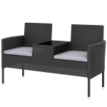 Outsunny Patio Furniture w/ Mid-Table PE Rattan Loveseat w/ Cushion, Light Grey