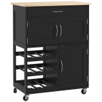 HOMCOM Rolling Kitchen Cart, Kitchen Island with Storage Drawer, 9-bottle Wine Rack, Door Cabinets, Wooden Countertop, Black