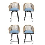 Set of 4 Outdoor Bar Stools with Armrests and Backrest, Steel Frame, All Weather Woven PE Rattan Bar Chairs, 23" L x 17.5" W x 44" H, Blue