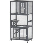 PawHut 74" Wooden Outdoor Cat House Catio with High Weight Capacity, Cat Cage Condo, Dark Gray