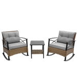 3-Piece Outdoor Rocking Rattan Chair Set with Steel Frame, Durable and Easy to Move, Includes Table, 29" L x 25.5" W x 31" H, Gray