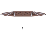 Outsunny 15ft Double-Sided Outdoor Umbrella with Solar Lights, UPF50+ Extra Large Aluminum Patio Umbrella with Crank, Tan
