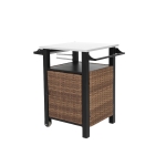 Outdoor Wicker Island Rolling Cart with Storage Cabinet, Expandable Shelf and Tabletop, Wine Glass Rack, 30" L x 22.5" W x 33.5" H, Brown