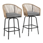 Set of 2 Outdoor Bar Stools with Armrests and Backrest, Steel Frame, All Weather Rattan Bar Chairs with Footrest, 23" L x 17.5" W x 44" H, Gray