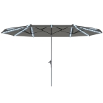 Outsunny 15ft Double-Sided Outdoor Umbrella with Solar Lights, UPF50+ Extra Large Aluminum Patio Umbrella with Crank, Dark Gray
