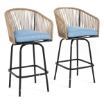 Set of 2 Outdoor Bar Stools with Armrests and Backrest, 2-Piece All Weather Rattan Bar Chairs with Footrest, 23" L x 17.5" W x 44" H, Blue