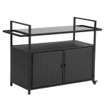 Outdoor Wicker Bar Cart with Glass Top and Wheels, Rolling Rattan Beverage Bar Counter Table for Porch, Backyard, Garden, Poolside Party, 51" L x 20" W x 35.5" H, Black