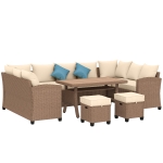 Outsunny 6 Piece Patio Furniture Set, PE Wicker Outdoor Furniture Conversation Set with 3 Sofas, 2 Ottomans and Slatted WPC Top Dining Table, All Weather Sectional Sofa Couch with Pillows, Khaki