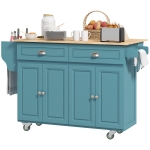 HOMCOM Kitchen Island with Storage, Rolling Kitchen Island with Drop Leaf, Rubber Wood Top and Adjustable Shelves, Light Blue