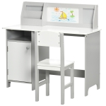 Qaba Toddler Table and Chair Set, Kids Writing Desk Homework Table with Whiteboard, Storage Cabinet, Gray