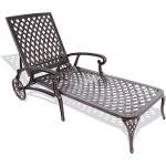 Reclining Aluminum Cast Lounge Chair with Bronze Finish, Adjustable Backrest, Wheels and Cross Weave Design, 48" L x 22.5" W x 36" H, Brown