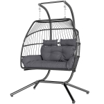 Outsunny Double Wicker Egg Swing Chair with Stand, Foldable Hanging Egg Chair with UV Resistant Cushion, Headrest, Dark Grey