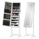 HOMCOM Lockable Jewelry Armoire with LED Light, Standing Mirror with Storage for Bedroom Dressing Room, White