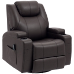 HOMCOM Massage Recliner Chair, Swivel Nursery Rocker Chair, Manual Reclining Sofa with 8 Vibration Points, PU Leather, Cup Holders, Side Pockets, for Living Room, Brown