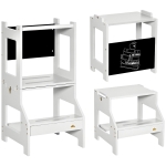 Qaba Kids Kitchen Step Stool, 2 in 1 Kitchen Table Set Toddler Standing Tower with Chalkboard, Safety Rail for Kitchen, Bathroom, Bedroom, Gray