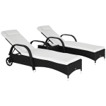 Outsunny Wicker Outdoor Chaise Lounge Chair Set of 3 with Side Table, 5-Level Adjustable Backrest PE Rattan Pool Lounge Chair with Wheels, Cushion & Headrest, Black and Cream White