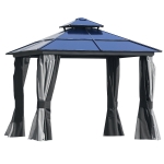 Outsunny 10'x10' Hardtop Patio Gazebo Aluminum Gazebo Deck Canopy with Double Tier Roof, Curtains, Netting Sidewalls, Black & Grey