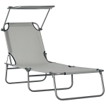 Outsunny Outdoor Lounge Chair, Adjustable Folding Chaise Lounge, Tanning Chair with Sun Shade for Beach, Camping, Hiking, Backyard, Light Grey
