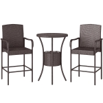 Outsunny 3 Pieces Patio Bar Set, Rattan Bistro Table and Chairs, Outdoor Conversation Furniture Set with Ice Bucket, Dark Brown