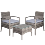 Outsunny 3 Pieces Wicker Patio Furniture Set, Rattan Bistro Set with Coffee Table and Cushions, Outdoor Conversation Set for Garden, Porch, Balcony, Grey