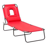 Outsunny Adjustable Outdoor Lounge Chair, Garden Folding Chaise Lounge with Face Hole Reclining Tanning Chair Seat, Folding Camping Beach Lounging Bed w/ Support Pillow, Red