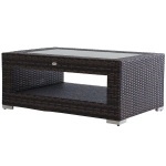 Outsunny 2-Tier Rattan Patio Coffee Table Outdoor Side Table PE Wicker Patio Garden Tea End Desk with Tempered Glass Top & Storage for Balcony, Backyard, Poolside