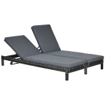 Outsunny Wicker Double Chaise Lounge Chair Outdoor Recliner 2 Person Rattan Patio Reclining Sunbed Furniture Cushioned w/Adjustable Backrest, Black, Grey