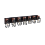 Industrial 7-Light Wall Sconce with Metal Wire Cage Shades, Wooden Accents, Ideal for Bathroom, Hallway, 44" L x 6" W x 8.5" H, Walnut+Black