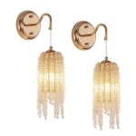 Set of 2 Crystal Wall Sconces with Gold Frame, Cascading Bead Design, E12 Bulb Socket, Ideal for Bedroom, Hallway, 4" L x 4" W x 17" H, Gold
