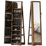 HOMCOM 360° Swivel Jewelry Armoire, Lockable Mirror Jewelry Cabinet with Built-In Small Mirror, Rustic Brown