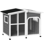 PawHut Cabin-Style Wooden Dog House for Large Dogs with Openable Roof & Giant Window,Gray