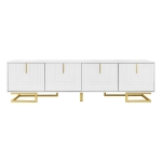 Modern TV Stand with Textured Doors, Gold Handles and Legs, Ample Storage Space, Easy to Install, 63" L x 15" W x 17.5" H, White
