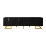 Modern TV Stand with Textured Doors, Gold Handles and Legs, Ample Storage Space, Easy to Install, 63" L x 15" W x 17.5" H, Black