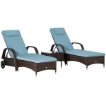 Outsunny Wicker Outdoor Chaise Lounge Chair Set of 3 with Side Table, 5-Level Adjustable Backrest PE Rattan Pool Lounge Chair with Wheels, Cushion & Headrest, Brown and Gray
