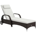 Outsunny Wicker Chaise Lounge, Outdoor Lounge Chair, PE Rattan Patio Sun lounger with Head-rest, 5-Level Height Adjust Backrest, Cushion & Wheels, Mixed Brown and Cream White