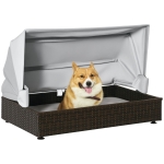 PawHut Rattan Dog Bed, Elevated Pet Sofa, Wicker Cat House, Indoor/Outdoor Use, for Garden Patio with Foldable Canopy, for Small or Medium-Sized Pets, Coffee