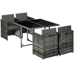 Outsunny 5 Pieces Wicker Patio Dining Set Outdoor Furniture Set with Removable Cushions, Glass Top Dining Table, PE Rattan Conversation Set for Garden Poolside Backyard, Grey