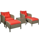 Outsunny 5 Pieces Wicker Patio Furniture Sofa Set Thick Padded Cushions, Outdoor PE Rattan Conversation Coffee Set with Armchairs, Footstools and Glass Top Table, Red