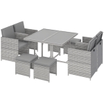 Outsunny 9 Pieces Outdoor Dining Set for 8, Space Saving Wicker Chairs and Square Glass Table with Cushions and Ottomans, Rattan Conversation Patio Furniture Set for Garden, Light Gray/Dark Gray