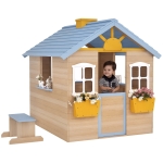Outsunny Wooden Playhouse for Kids Outdoor Garden with Working Door, Windows, Bench, Service Station, Flowers Pot Holder, Blue