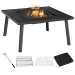 Outsunny 34" Fire Pit with Grill, Metal Outdoor Wood Burning Firepit with Spark Screen, Fire Poker, Cover, Table Lip, Black
