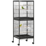 PawHut 55.1" 2 In 1 Bird Cage Aviary Parakeet House for finches, budgies with Wheels, Slide-out Trays, Wood Perch, Food Containers, Black