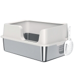 PawHut Stainless Steel Litter Box with High Side, Scoop, Easy Cleaning & Anti-Urine Leakage, for Big Cats, Light Gray
