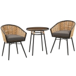 Outsunny 3 Piece Patio Set, Outdoor Bistro Furniture, PE Rattan Wicker Table and Chairs, Cushioned, Barrel Style, Gray