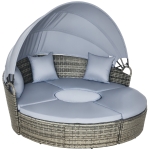 Outsunny 4 Piece Round Rattan Daybed, Convertible Patio Furniture Set, Adjustable Sun Canopy, Sectional Outdoor Sofa, 2 Chairs, Extending Tea Table Ottoman Chair, 3 Pillows, Light Gray